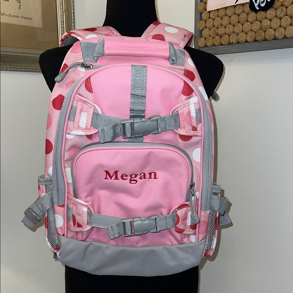 Pottery Barn Kids “Megan” Embroidered Pink/Gray Polka Dot Backpack